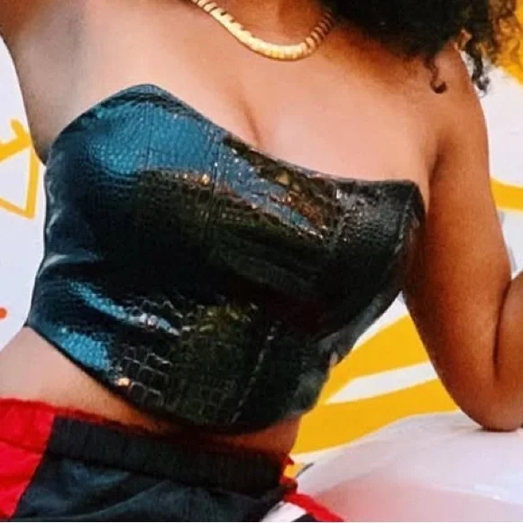 Strapless Black Croc-Embossed Satin Bustier Top - Picture 2 of 3